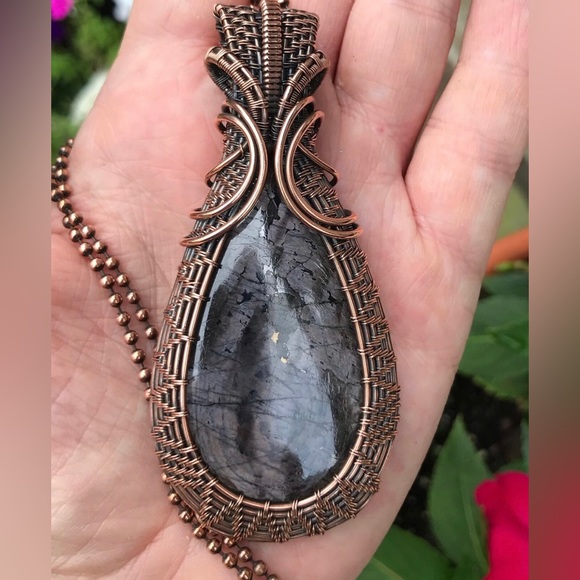 Copper Wrapped Hypersthene Pendant - Picture 9 of 11